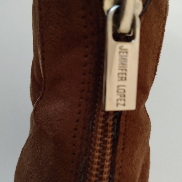 Jennifer Lopez Brown Gold Faux Suede Zip Ankle 4 1/4" Wedge Bootie Heels sz 6 - Picture 4 of 15
